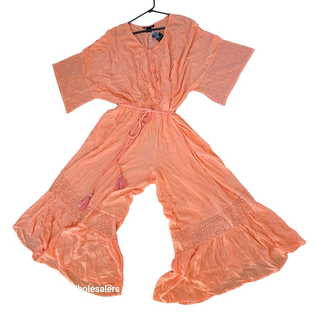 Ashley Stewart Gauze Wide Leg Jumpsuit Plus Size 26/28 Coral Crochet Details NEW